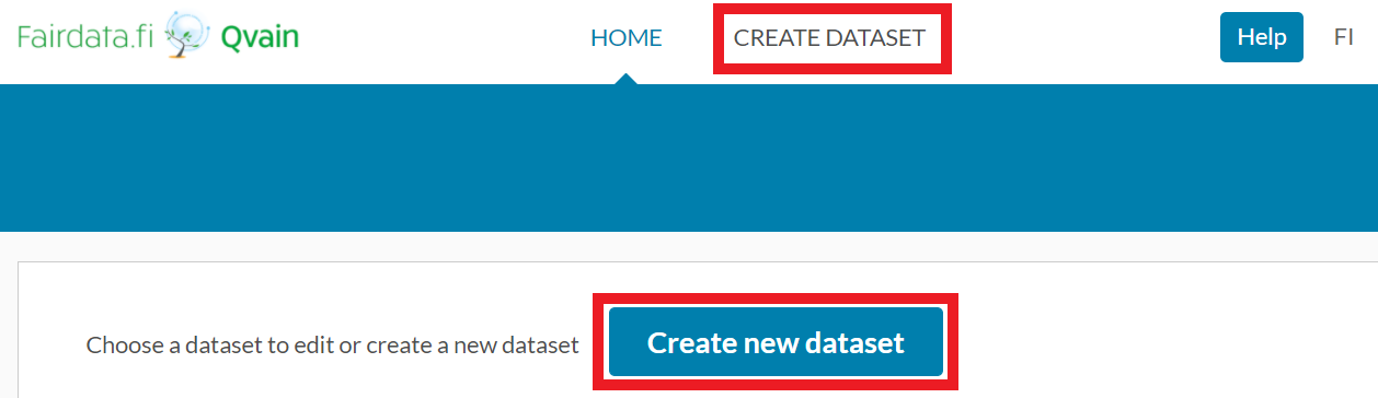 Screenshot of the "Create new dataset" button in Qvain's front page.