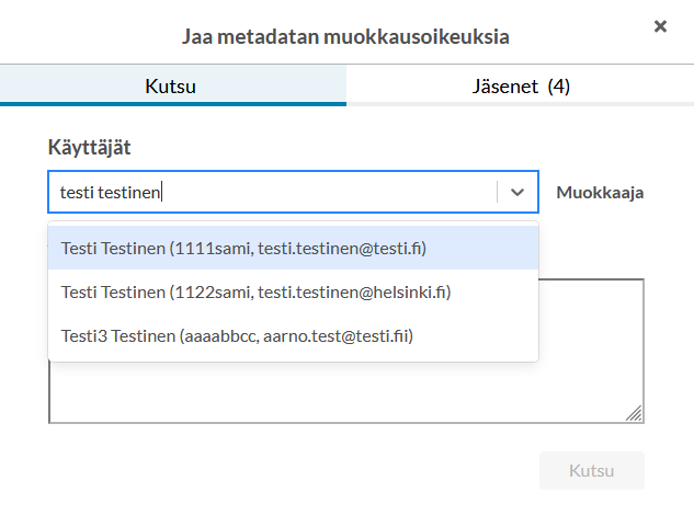 Kuvankaappaus muokkausoikeuksien näkymästä, missä annetaan oikeuksia.