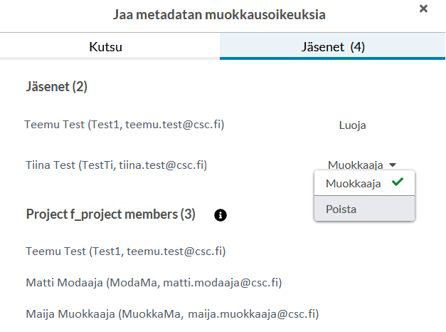 Kuvankaappaus muokkausoikeuksien näkymästä, missä listataan käyttäjät, joilla oikeudet.