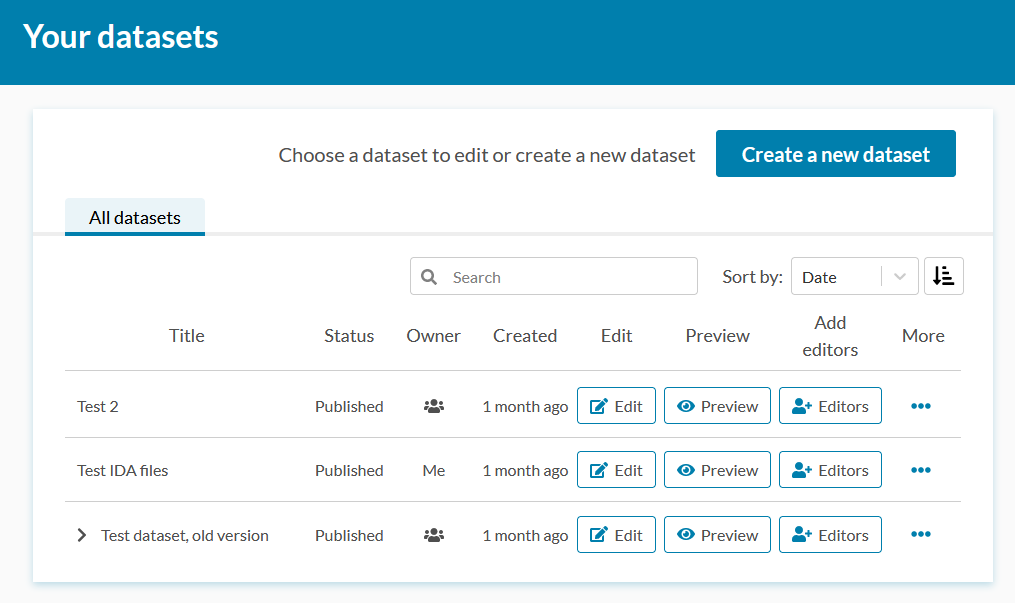Screenshot of the "Editors" button on Qvain's front page dataset list.