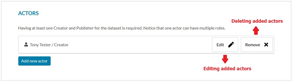 Sreenshot of the Actors section in Qvain's "Create new dataset" form.