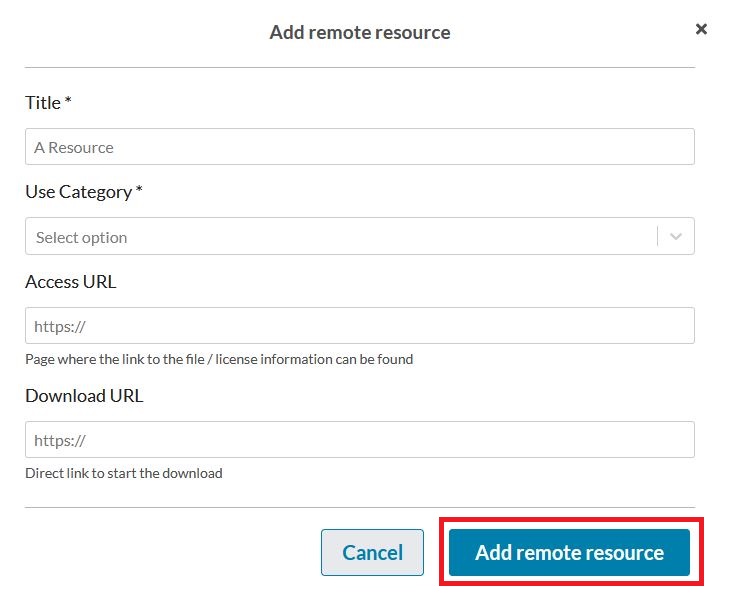 Screenshot of Qvain's "Create new dataset" form's "Remote resources" section.